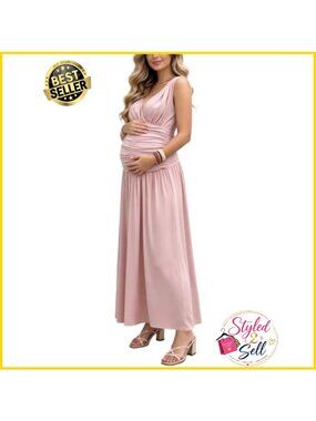 NATTEMAID Maternity Maxi Dress V Neck Ruched Photoshoot Baby Shower
